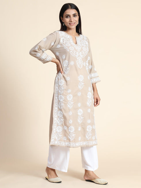 Aanchal in HOK Chikankari Long Kurti for Women Beige & White-2